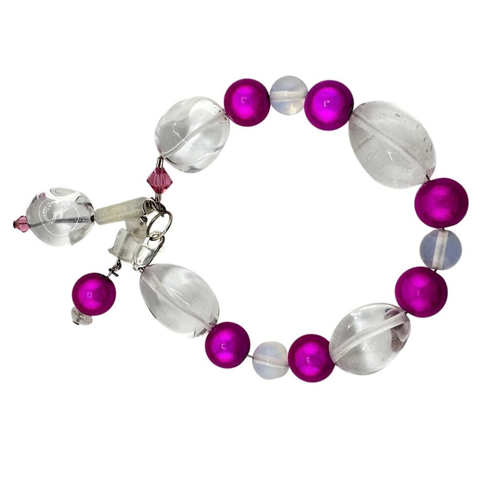 925 Sterling Silver Clear Tumbled Quartz Opalite Glass Pink Beads 6.25” Bracelet